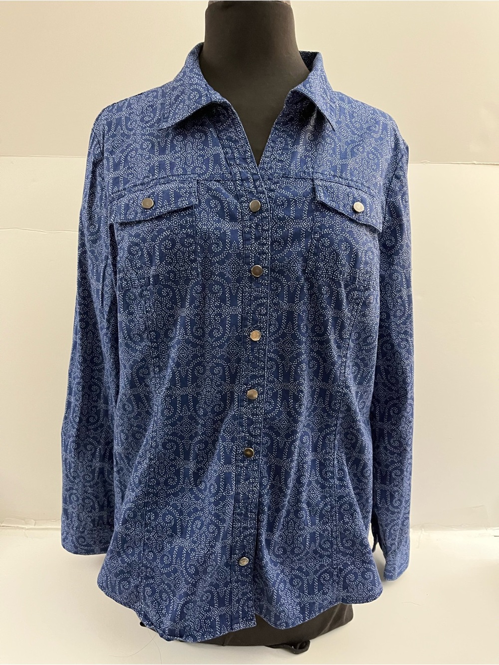 Christopher & Banks Blue Printed Button-Front Blouse